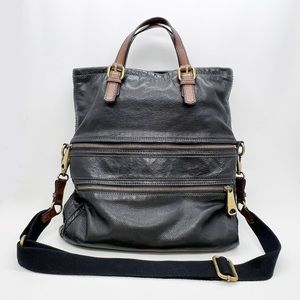 Fossil Explorer Tote Crossbody Messenger Bag Black Brown Leather Brass Hardware